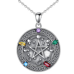 925 Sterling Silver Wiccan Pentagram Necklace Colorful Cubic Zirconia